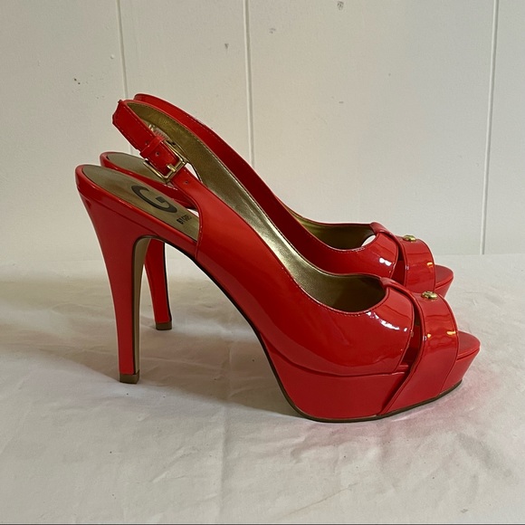 Coral scarlett orange Guess open toed heels summer shoes - Picture 7 of 8